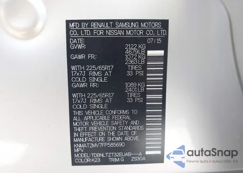 2015 Nissan Rogue Sv z USA, uszkodzony, nr VIN KNMAT2MV7FP585690